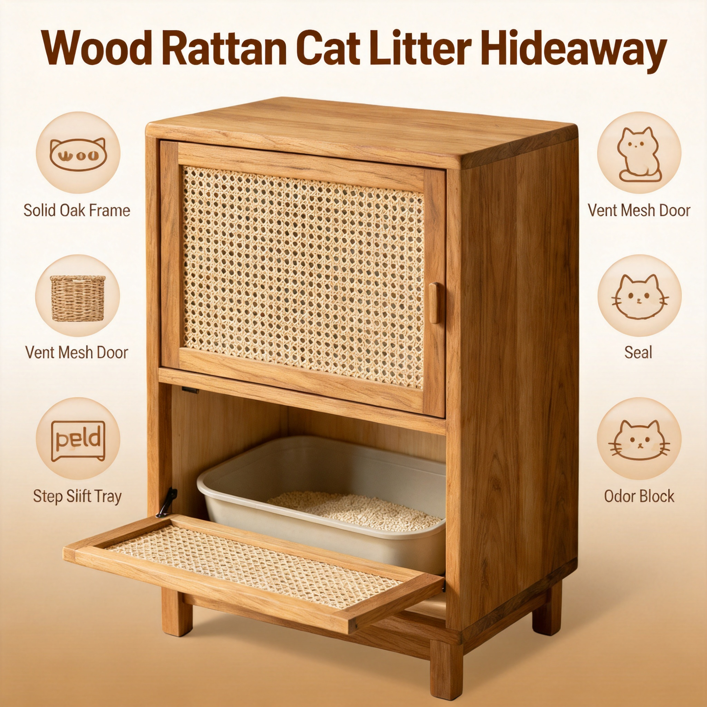 🛒 Wood Rattan Cat Litter Hideaway Transform The Litter Box Into A Beautiful Part Of Your Home