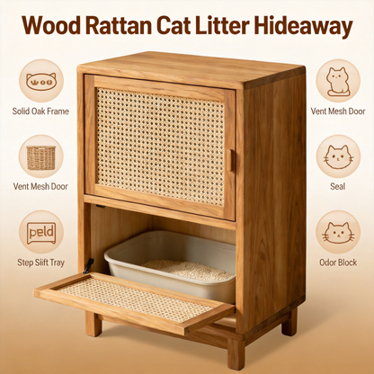 🛒 Wood Rattan Cat Litter Hideaway Transform The Litter Box Into A Beautiful Part Of Your Home
